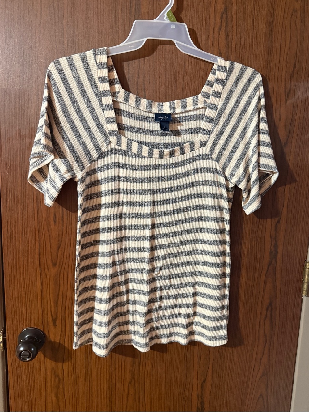 Daytrip Cream and Gray Striped Square Neck Short Sleeve Top